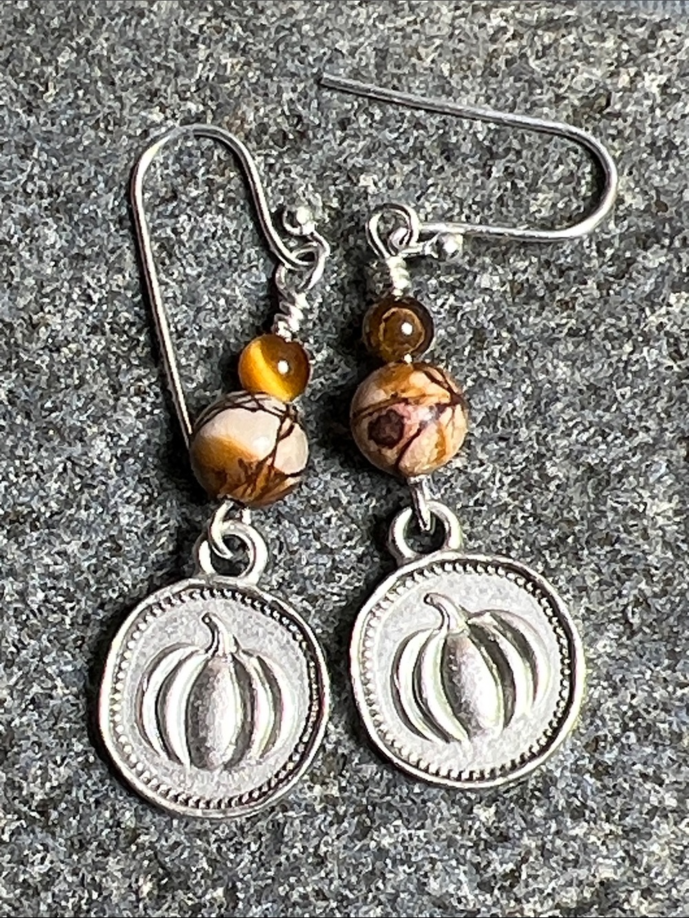 Pumpkin charm sterling 925 dangle earrings Picasso Jasper & tiger eye gemstones